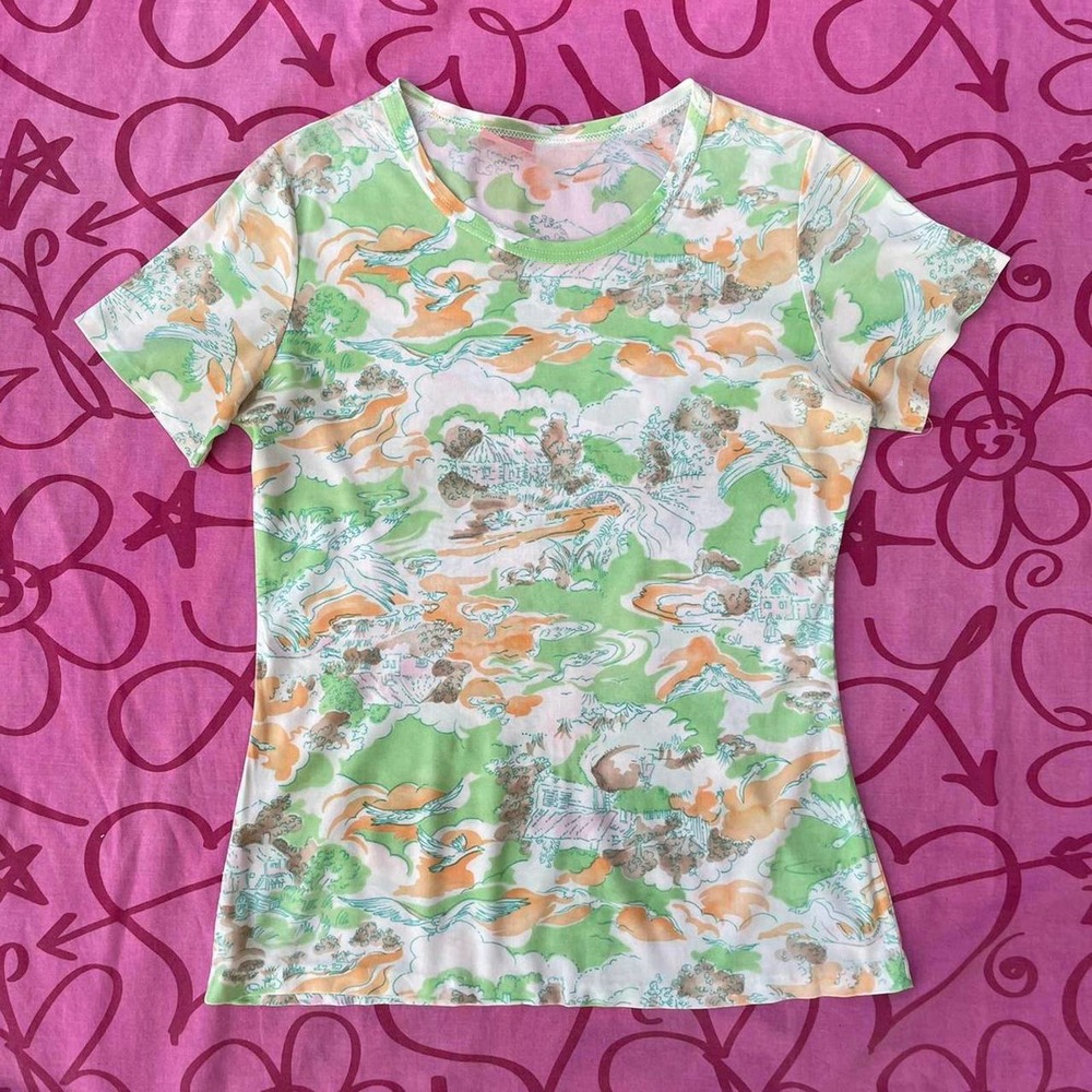 Vintage mesh jersey like allover Scenic Print Blouse